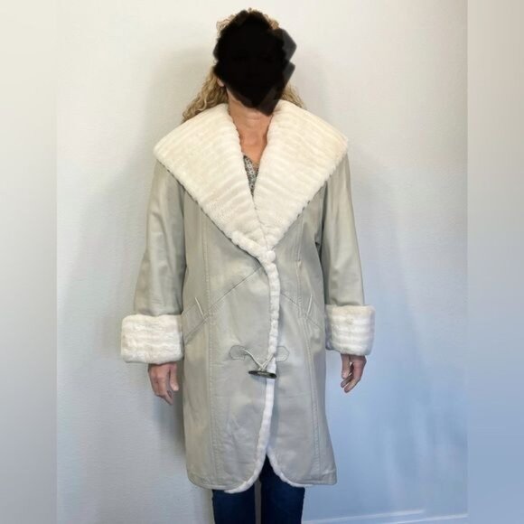 Harry Yagoda Vintage Leather Fur Coat Cream Ivory Taupe Light Unique Size Large - Picture 9 of 11